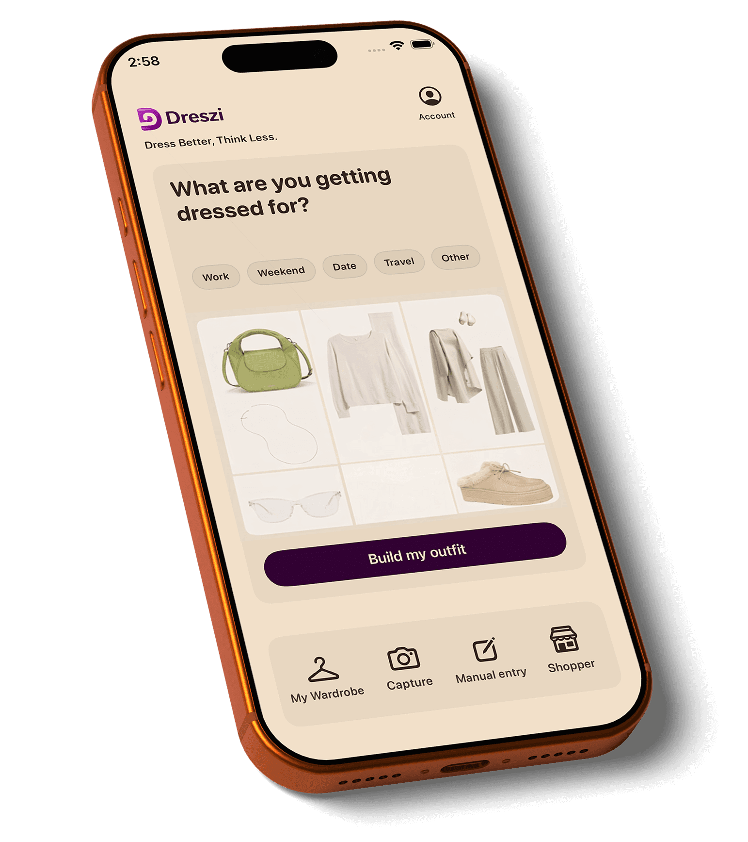 Dreszi app showing context selection and wardrobe grid